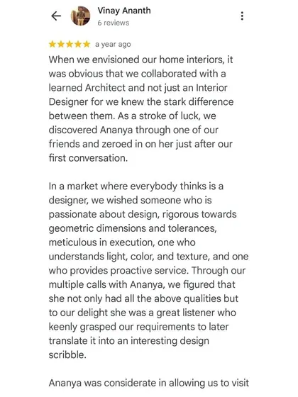 A snippet of a detailed review from my 'Nordic Grey' clients. They valued my architectural approach, attention to detail, and the quality of our in-house carpentry team.
