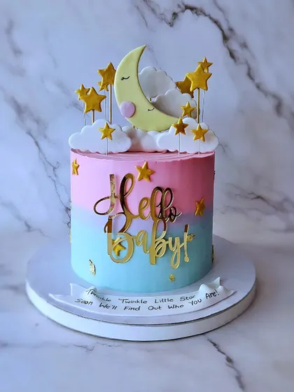 Hello Baby! A twinkle star themed baby shower cake. This chocolate truffle cake in pink and blue is perfect for a gender reveal party, asking "who you are?".