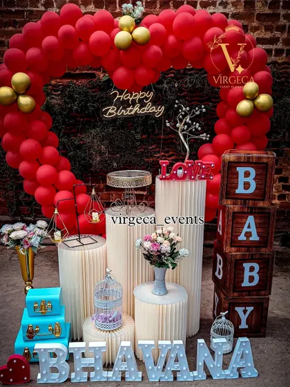 A romantic heart-shaped birthday balloon arch in red, perfect for surprising a loved one.