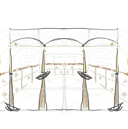 This detailed sketch for Carnatic Cafe shows our thinking on how to use arches, lighting, and traditional motifs in a minimal yet rich way. The design seeks to create a sense of familiarity without resorting to common tropes.