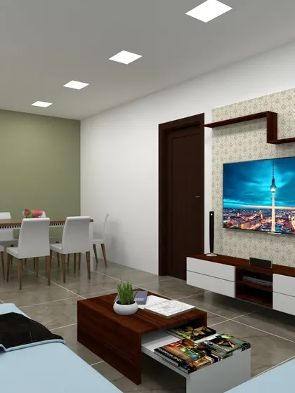 This render shows the combined living and dining area. We ensure our designs are practical, providing ample space for both relaxation and family meals.