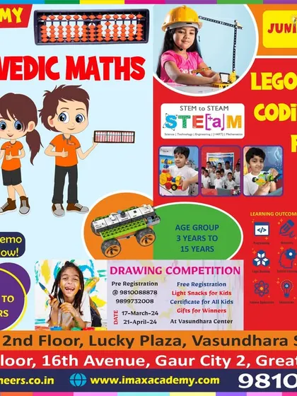 A comprehensive advertisement for our classes at various locations, showcasing the blend of technical and cognitive programs we offer, from LEGO and Robotics to Abacus and Vedic Maths.