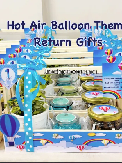 A full view of the 'Hot Air Balloon' themed return gifts, demonstrating the complete, ready-to-gift package.