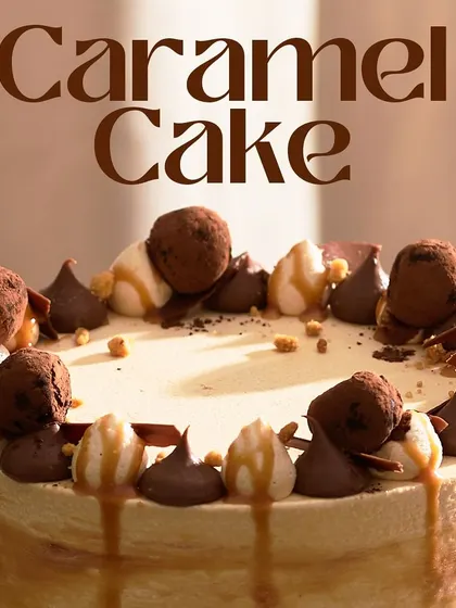 A close-up of the top of my Caramel Cake, showing the delicious assortment of chocolate truffles, piped meringue, and caramel drizzle.