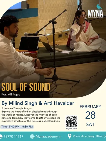 A poster for our 'Soul of Sound' workshop, inviting participants on a journey through raagas. It highlights how we discover the nuances of each note and how they shape the expressive structure of this timeless musical tradition.