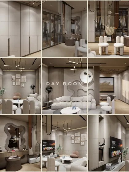 A collage of a modern day room designed with a calm, pastel color palette. This room features herringbone flooring, a curvy 3D art wall, and a unique jali-style hanging partition.