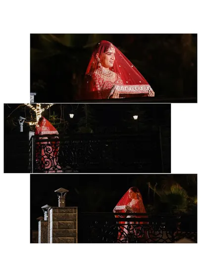 A series of shots showing the bride on a balcony at night, her red veil creating a striking silhouette. This is a creative and artistic take on a bridal portrait.