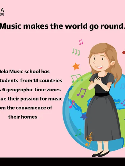 An illustration showing that music makes the world go round. My school has over 500 students from 14 countries, all pursuing their passion from home.