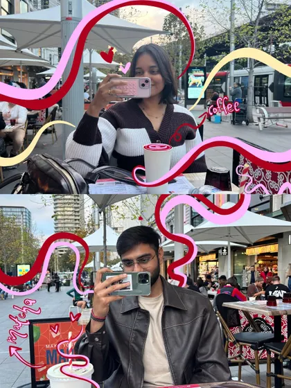 A coffee date in the city. I used red and pink doodles to connect our two mirror selfies and add a romantic feel.