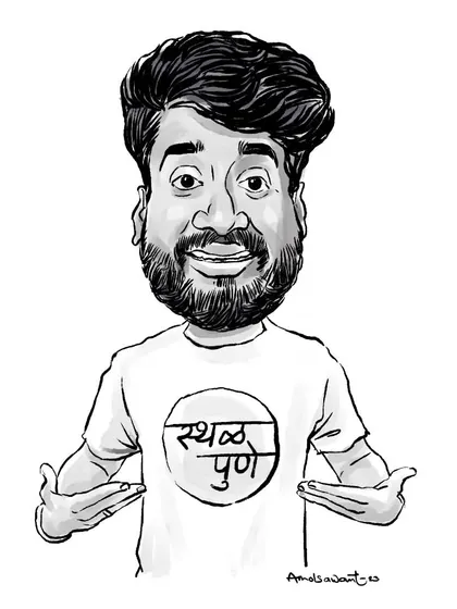 A black-and-white caricature of Pune-based digital creator Atharva Sudame, pointing to his "Sthal Pune" t-shirt.