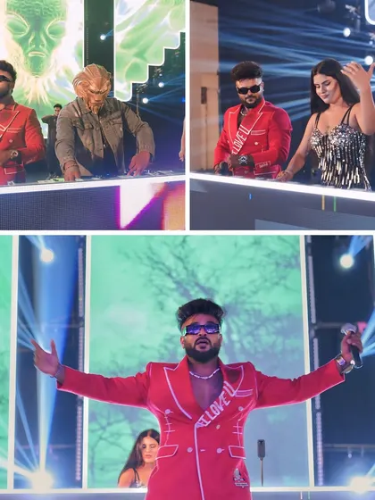 A collage from the NYE 2025 event, featuring the DJ lineup and the incredible stage setup.