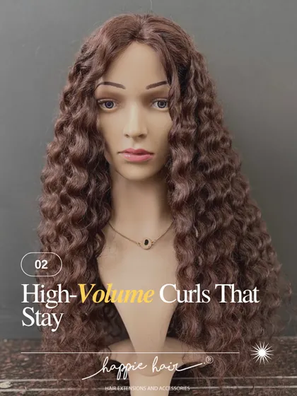 A frontal view of our high-volume curly wig on a mannequin. The curls are designed to stay defined and bouncy, giving you a consistently beautiful look.