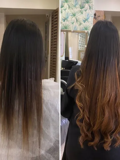 This client's before-and-after is a testament to the power of extensions for creating a completely new style with color and waves.