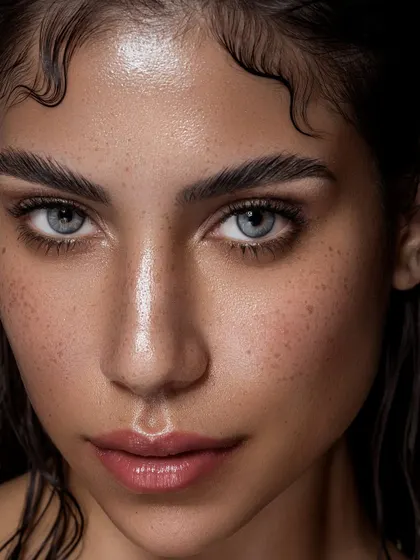 This extreme close-up is a study in real skin texture. We captured the model's face with its natural freckles and dewy finish to celebrate skin that is honest, alive, and beautifully imperfect.