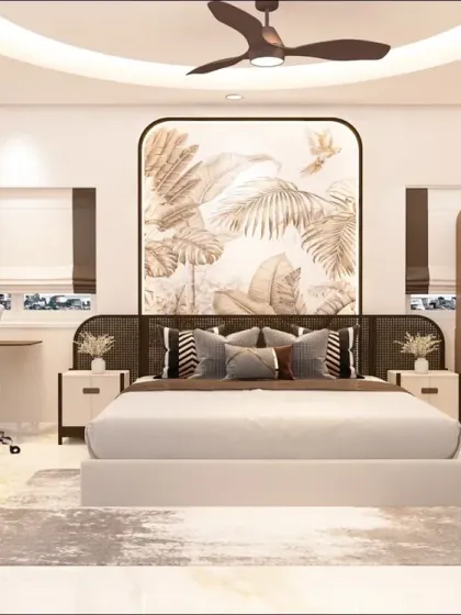 This bedroom is a complete retreat, featuring a custom bed with a tropical-themed headboard, an integrated study desk, and a cozy window seat.