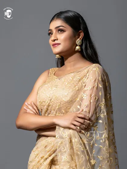 A close-up portrait showing the intricate work on the saree and the matching sleeveless blouse.