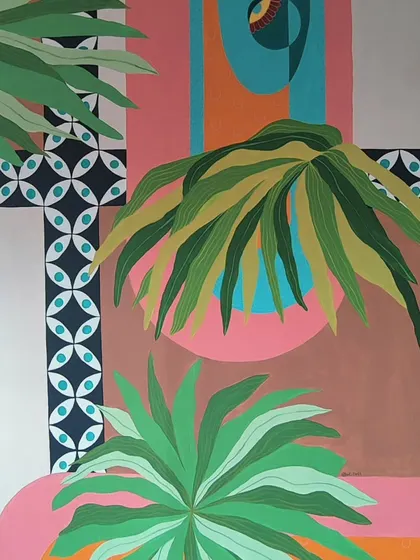 A detail from a mural that combines tropical leaves with geometric patterns and bold colors. This fusion of styles creates a really dynamic and modern look.