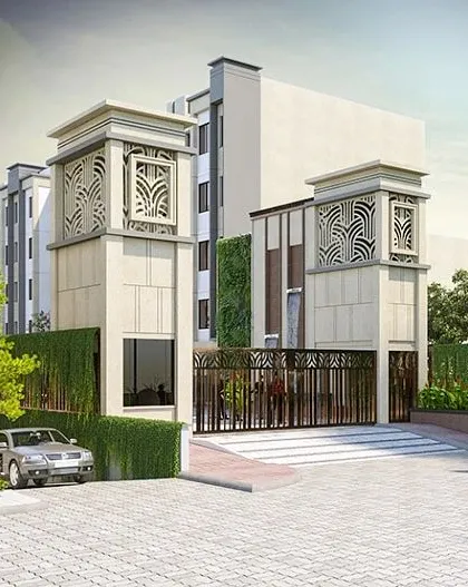The entrance gate we designed for a housing campus in Sohna, Gurgaon. We give special attention to these features, as they serve as the formal introduction to the community and a reflection of the lifestyle within.