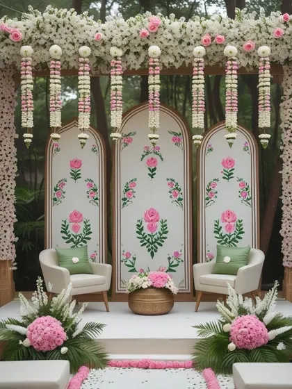 An elegant and serene stage for a Mehendi or Haldi ceremony. The backdrop features hand-painted floral motifs, complemented by hanging floral strings and beautiful pink and white flower arrangements.