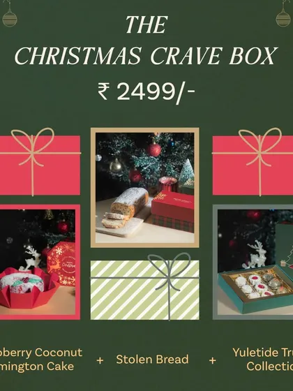 The Christmas Crave Box includes a Raspberry Coconut Lamington Cake, Stolen Bread, and the Yuletide Truffle Collection.