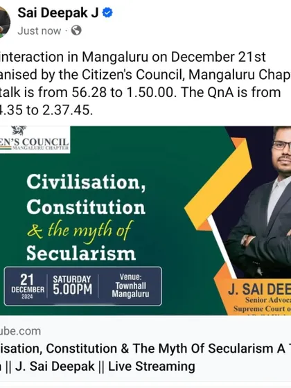 The YouTube thumbnail for my talk in Mangaluru on "Civilisation, Constitution & the myth of Secularism". The session included an extensive Q&A, allowing for deep engagement with the audience.