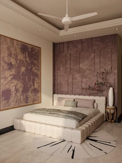 This guest bedroom is a study in softness and charm. A neutral base of creamy whites sets the stage for lilac accents on the textured bed-back wall and in the artwork.