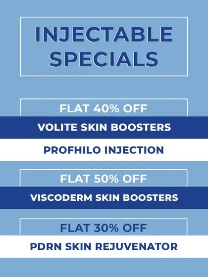 Our injectable specials include a variety of skin boosters and rejuvenators like Volite, Profhilo, Viscoderm, and PDRN, each designed to target specific concerns from hydration to cellular repair.