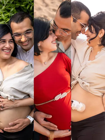 A collection of intimate close-ups from a beach maternity shoot, highlighting the smiles, the connection, and the joy of the journey.