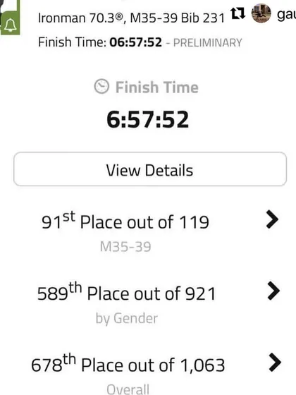 The official stats from the IRONMAN 70.3 race. A finish time of under 7 hours is a phenomenal achievement that we trained specifically for.