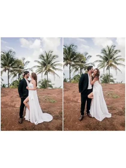 A diptych showing the couple's fun and flirty interactions against a backdrop of palm trees and the sea.
