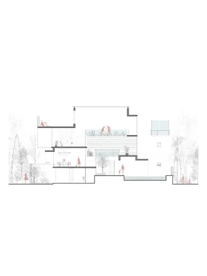 A sectional drawing of the Notan Home, showing the relationship between the interior spaces, the central courtyard pool, and the upper-level terraces. This drawing explains how the home is designed for both privacy and openness.