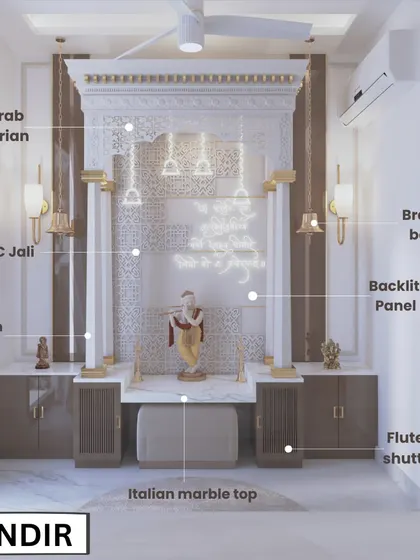 An annotated image explaining the elements of a modern Corian mandir. It details the CNC jali, backlit panel, Corian pillars, and fluted shutters, showcasing the blend of tradition and contemporary style.