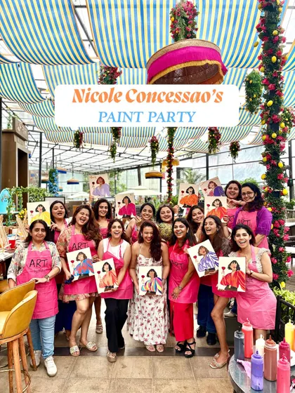 A huge, happy group from Nicole Concessao's birthday paint party. It's always a joy to see so many people come together, enjoy the process, and proudly show off their finished canvases.