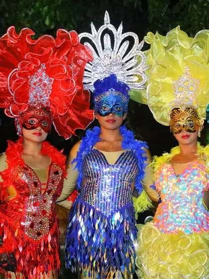 The full troupe of our carnival dancers in a vibrant array of colorful costumes. We can customize performances to fit any theme.