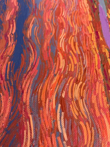 A close-up of the fiery sunset in my 'Colorful Lake 2' painting. You can see the thick, textured acrylic brushstrokes that give the sky its energy. I build my canvases with layers of paint to convey feeling, so every original piece has a physical depth you can almost touch.