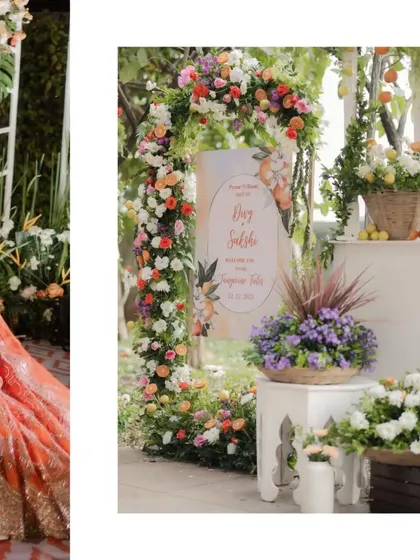 A closer look at the fresh and vibrant decor for a Sangeet and Haldi, featuring a custom welcome sign and beautiful arrangements of colorful flowers.