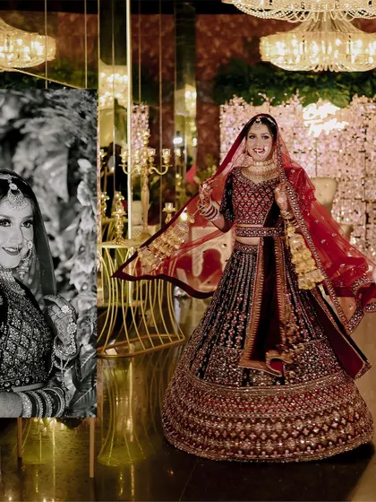 A collage showcasing the bride's stunning red lehenga and a classic black and white portrait.