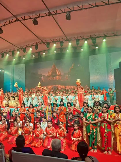 The entire cast of 'Navarasa Ramayana' on stage. The scale of this production, involving hundreds of students, was a massive and rewarding undertaking.
