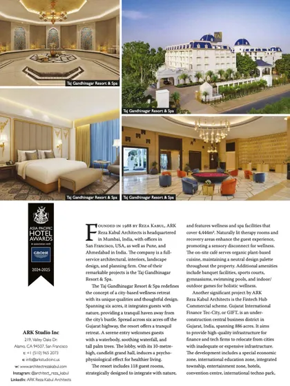 A magazine feature on the Taj Gandhinagar Resort & Spa. The project is highlighted for its concept of a city-based wellness retreat, with unique qualities and thoughtful design that create a tranquil escape.