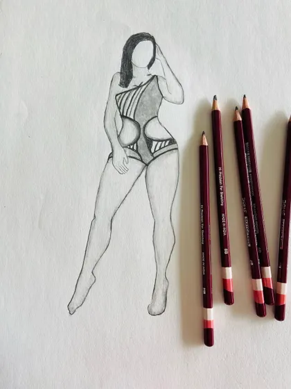 A dynamic pose in a pencil-rendered sketch of a cutout swimsuit. Drawing different poses is key to understanding how garments move with the body.
