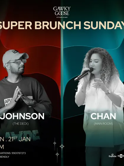 A poster from a "Super Brunch Sunday" at Gawky Goose. I often perform in the main room, providing the perfect musical backdrop for a lively brunch experience.