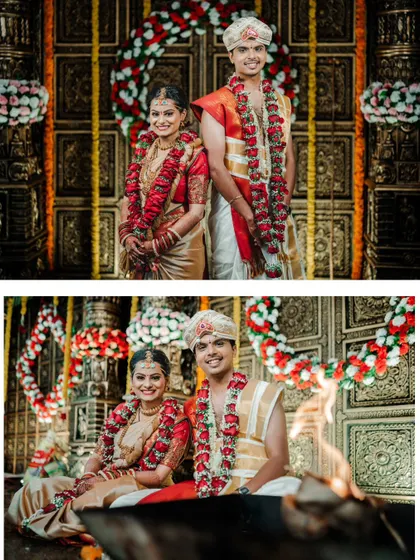 A collage of the couple posing for formal portraits against an ornate, traditional backdrop.