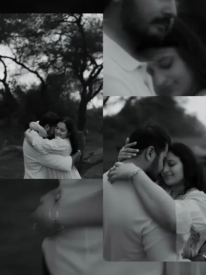 A collage of tender black and white moments from Kushal and Hemal's pre-wedding shoot. The focus is on their embraces and quiet connection, telling a story of their long-time love.