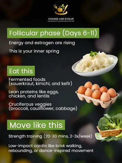 In your follicular phase, I recommend fermented foods like sauerkraut, lean proteins like eggs, and cruciferous veggies like broccoli. For movement, focus on strength training and low-impact cardio.