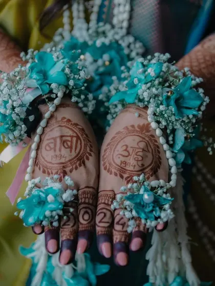This hand honors the grandparents with the words "Baba" and "Aai" written in beautiful Devanagari script. It's a meaningful way to include the whole family in the celebration.