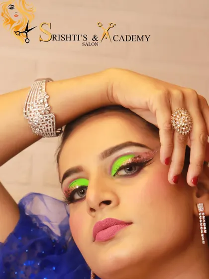 A close-up of the dramatic neon eye makeup. This look is perfect for editorial shoots or for anyone who wants to make a bold statement.