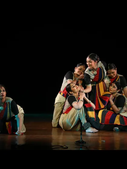 This tableau from 'Ikshana' represents the interconnectedness of humanity and nature. Creating such formations is a key part of my choreographic process for group productions, aiming for visual impact and narrative clarity.