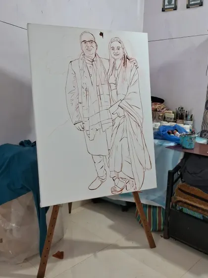 An initial line drawing for a large-scale 48"x36" couple portrait. This stage is crucial for establishing the correct proportions and posture before any paint is applied.