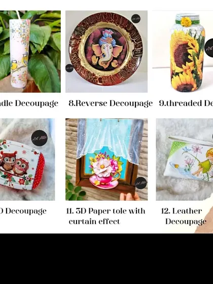 More online workshop offerings! Learn various decoupage techniques, from candle and reverse decoupage to 3D paper tole and leather decoupage.