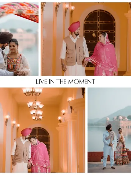 A collection of romantic moments featuring a Sikh couple, showcasing their love against the warm, illuminated corridors of a palace and the serene backdrop of Jal Mahal.